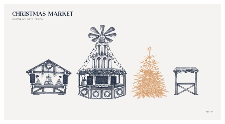 Christmas market card or invitation design. Hand drawn vector illustration. Holiday marketplace, wooden stall, mulled wine, candy shop  sketch